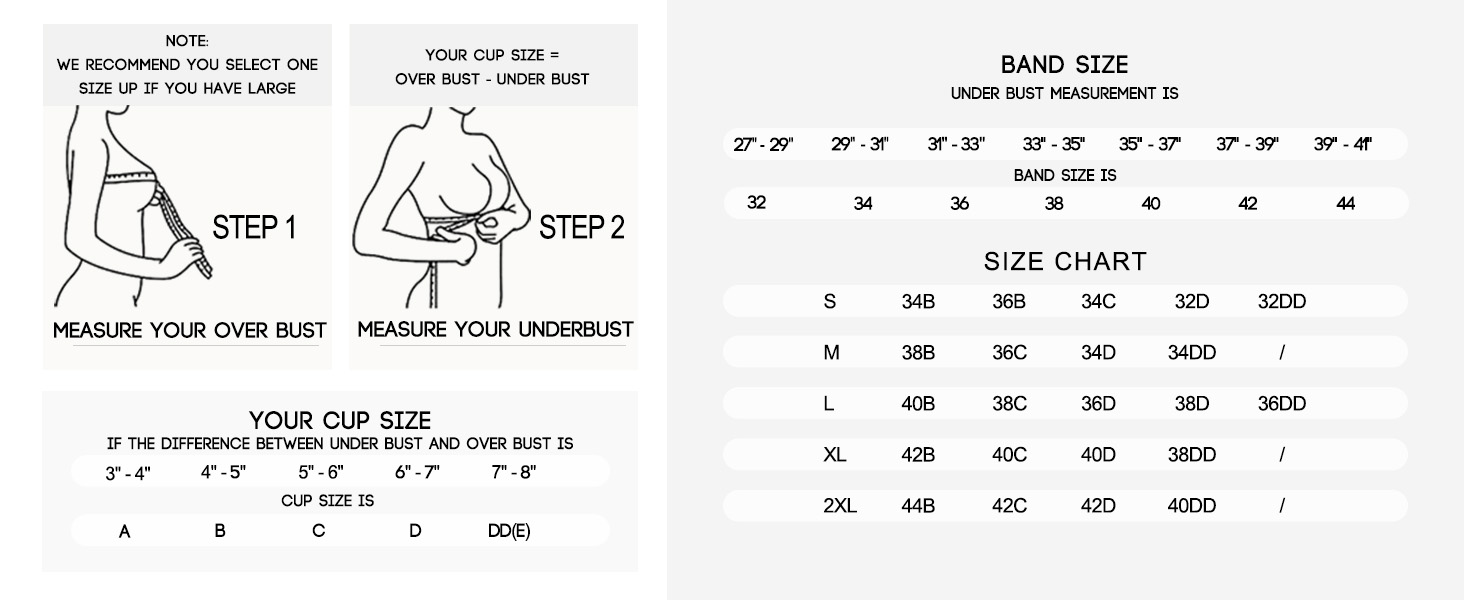 VQJ wireless bra size chart — measurement guide